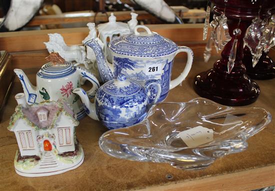 Sitzendorf blanc de chine coach group, Quimper teapot, Daum Nancy glass bowl, Staffs cottage money box & sundries